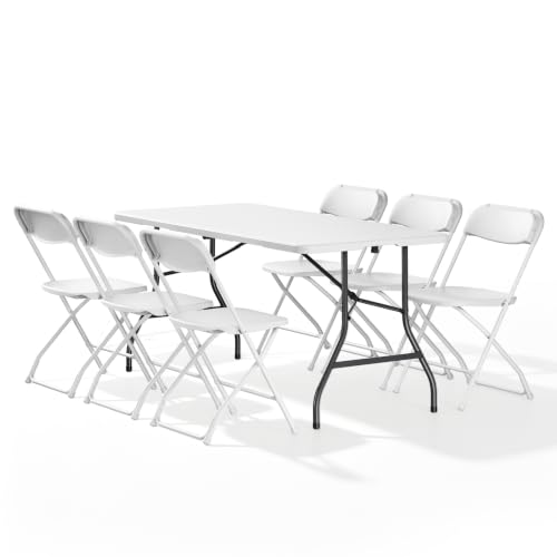 5FT Folding Table with 6 Pack Folding Chair, Foldable Picnic Table with Adjustable Height and Plastic Foldable Chairs for Weddings, Camping, RV Travel, Parties, BBQs, and Indoor Use, White - color: White, size: 5ft + 6 Pack