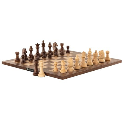 A&A Premium Triple Weighted Staunton Wooden Chess Pieces w/ 2 Extra Queen - King Height 3.75"/9.5cm / 2 Storage Bags - Natural Walnut Wood