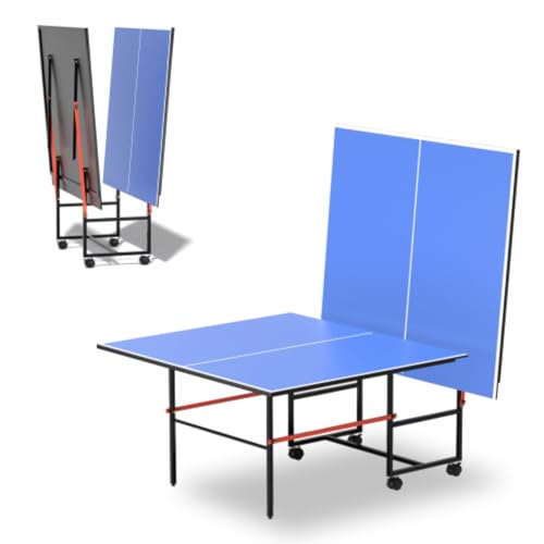 8ft Folding Ping Pong Table Set, Medium Ping Pong Table Set, Adjustable Legs and Rubber Suction Cups, Aluminum Frame, Folding Legs, 4 Wheels