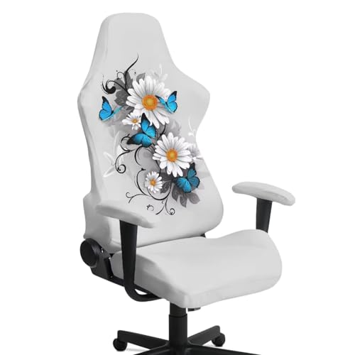 Butterfly Daisy Print Gaming Chair Cover with Armrest Covers Anti-Dust Soft Elastic Computer & Gaming Chair Slipcover Universal Fit Office Desk & Racing Computer Gamer Chairs - color: Grey - Butterfly Daisy