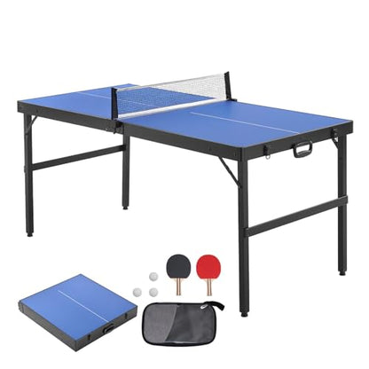 Happybuy Ping Pong Table, Mid-Size Table Tennis Game, Indoor MDF Table Tennis Table, Foldable Portable Complete Set with Net, 2 Paddles, 3 Balls, Carry Bag, Handle (No Assembly Required)