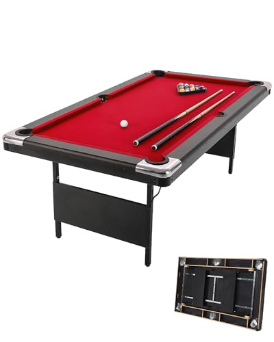 GarveeLife 7 Foot Pool Table, Portable Billiards Tables, Folding Pool Table Includes Full Set of Billiard Balls, 2 Cue Sticks, Chalk & Felt Brush for Family Game Room - color: Red-7FT