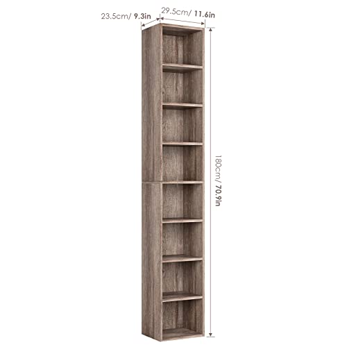 FOTOSOK 8-Tier Media Tower Rack, 11.6 X 9.3 X 70.9 Inches CD DVD Slim Storage Cabinet with Adjustable Shelves, Tall Narrow Bookcase Display Bookshelf for Home Office, Oak - color: Oak