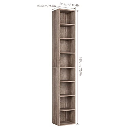 FOTOSOK 8-Tier Media Tower Rack, 11.6 X 9.3 X 70.9 Inches CD DVD Slim Storage Cabinet with Adjustable Shelves, Tall Narrow Bookcase Display Bookshelf for Home Office, Oak - color: Oak