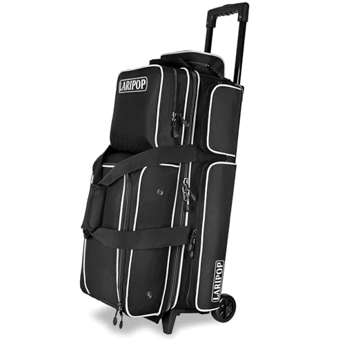 LARIPOP 3 Ball Bowling Bag with Wheels and Shoe Compartment, Rolling Bowling Bag for 3 Balls, Heavy Duty Bowling Roller Bag with Retractable Handle for Men Women - color: Black