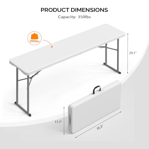 VINGLI 6 FT Narrow Folding Table, Tabletop Folded in Half, Premium Quality HDPE Material and Sturdy Metal Frame, Perfect for Buffet, Seminar, Party, Training, Home Work, White - color: White