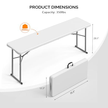 VINGLI 6 FT Narrow Folding Table, Tabletop Folded in Half, Premium Quality HDPE Material and Sturdy Metal Frame, Perfect for Buffet, Seminar, Party, Training, Home Work, White - color: White