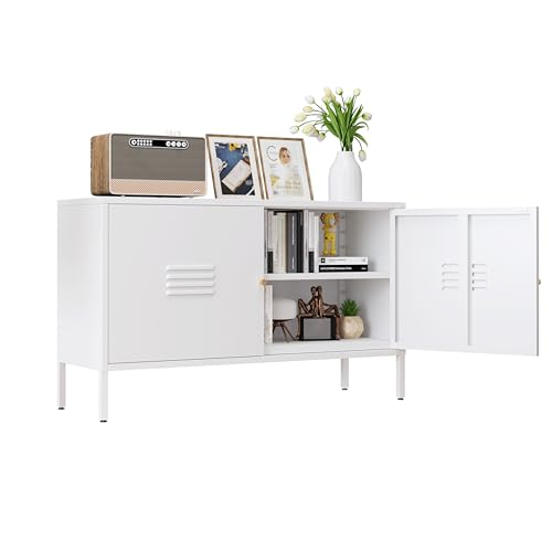 Storage Cabinet with Doors and Shelves -Metal TV Stand - Metal Storage Accent Cabinet for Home, Office, Entryway,LivingRoom. (White) - color: White, style: tv stand cabinet