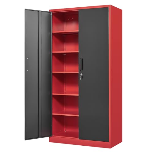 Yizosh Metal Storage Cabinet with Lock Doors and 5 Adjustable Shelves,- 72" Garage Storage Cabinet for Home,Office,Garage,School - color: Red Black, size: 72"H x 36"W x 18"D