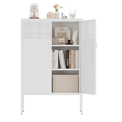 Metal Storage Cabinet,2 Door TV Stand, Metal Mesh Accent Cabinet,Magnetic Door Closure,Low Storage Cabinets with Doors and Shelf for Home,Office,Living Room - color: White, size: 47"H