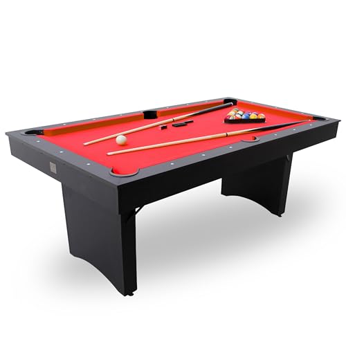 Freetime Fun 6 FT Pool Table, No Assembly, Portable, Includes Billiard Tables Accessories- 2 Pool Cues, Set of Balls, Triangle, Pool Table Brush, Chalk - color: Red Felt
