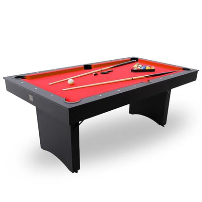 Freetime Fun 6 FT Pool Table, No Assembly, Portable, Includes Billiard Tables Accessories- 2 Pool Cues, Set of Balls, Triangle, Pool Table Brush, Chalk - color: Red Felt