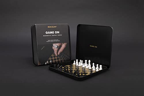 Iron And Glory | Magnetic Travel Chess Set | Mini Chess Sets | Travel Essentials & Games for Adults | Black and Gold Chess Board with Case | Travel Games with Magnetic Board - color: Travel Chess