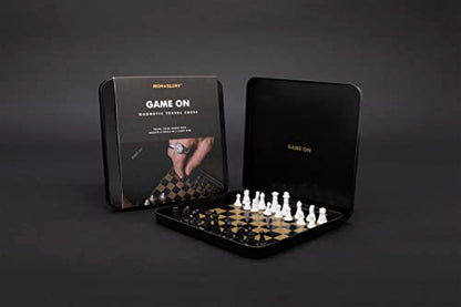 Iron And Glory | Magnetic Travel Chess Set | Mini Chess Sets | Travel Essentials & Games for Adults | Black and Gold Chess Board with Case | Travel Games with Magnetic Board - color: Travel Chess