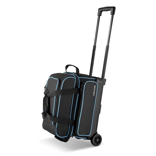 VEVOR Bowling Ball Bag, 2-Ball Bowling Bag with Wheels, Featuring a Separate Compartment for Shoes (Up to US Size 16) & Oversized Accessory Pocket, Retractable Handle Extends to 41.32 in - style: Black-blue
