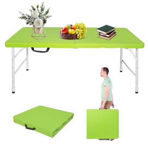 Portable 4Ft Folding Table, Heavy Duty Plastic Fold-in-Half Utility Foldable Table Small, Adjustable Height Plastic Folding Table with Carrying Handle for Camping & Party Indoor/Outdoor(Green) - color: Green, size: 4Ft