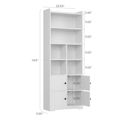 IRONCK Bookshelf with Doors, Book Shelf with Storage Shelves, 74.6 in Tall Bookcase for Home Office, Living Room, Bedroom, White - color: White