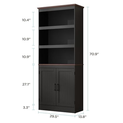 MHOM 71" Tall Bookshelf with Doors, 5 Tiers Farmhouse Bookcase with Adjustable Shelves, Wooden Rustic Display Cabinet for Home Office, Living Room, Black