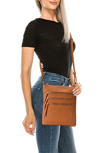 Solene Crossbody Bag Functional Multi Pocket Messenger Purse Top Zip Closure Shoulder Handbag With Adjustable Strap - color: Tan