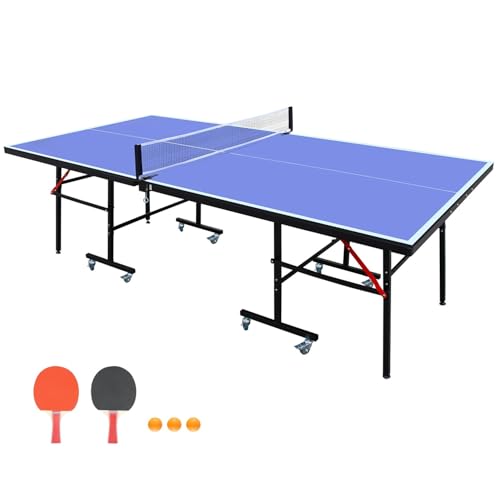 Ping Pong Table Foldable Indoor 8/8.5/9FT Single Player Playback Mode Game Set with Paddles and Balls - color: Blue-8x4FT-Wheels