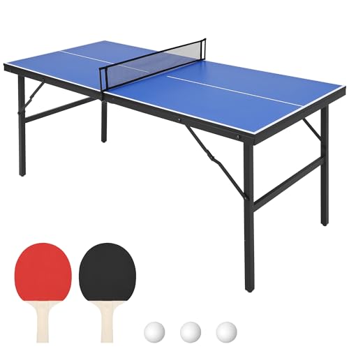 60" Portable Ping Pong Table, Folding Indoor/Outdoor Table Tennis Set with 2 Paddles & 3 Balls, Easy Assembly
