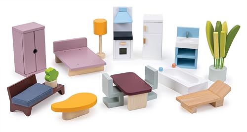 Mentari Toys - Cedar Chalet - Mid-Century Modern Dollhouse for Kids - Fully Furnished, Sustainable Rubberwood, Educational Toy for Toddlers & Preschoolers Age 3+