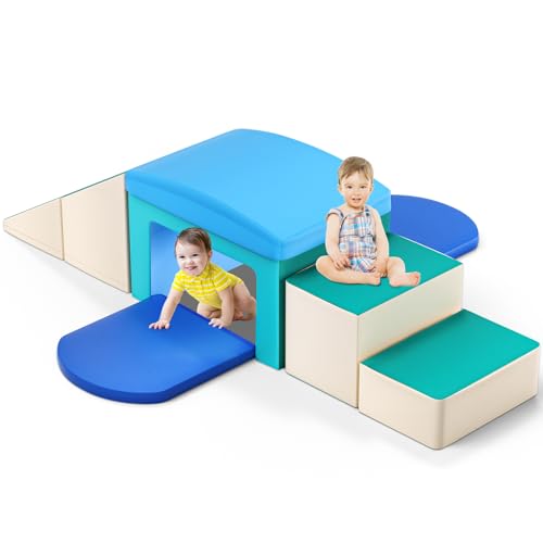 Foam Climbing Blocks for Toddlers - Soft Play Set for Toddlers 1-3 - Climbing Toys - Baby Climbing Gym Foam - with Slide Stairs and Tunnel - Great for All Ages (6 Pc Blue Soft Play Area Set) - color: Blue