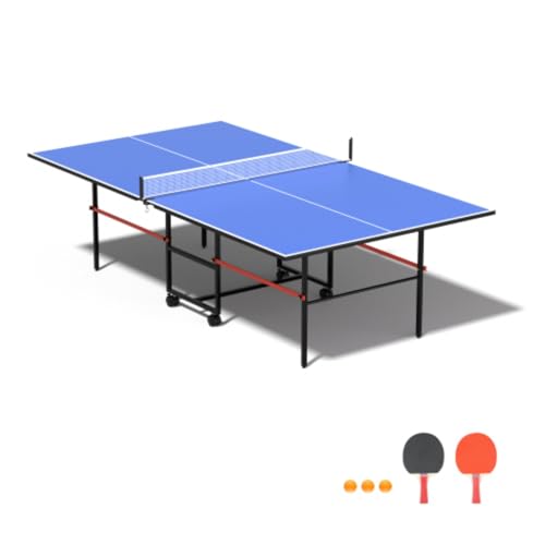 8ft Folding Ping Pong Table Set, Medium Ping Pong Table Set, Adjustable Legs and Rubber Suction Cups, Aluminum Frame, Folding Legs, 4 Wheels