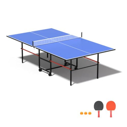 8ft Folding Ping Pong Table Set, Medium Ping Pong Table Set, Adjustable Legs and Rubber Suction Cups, Aluminum Frame, Folding Legs, 4 Wheels