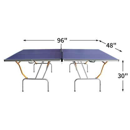 Professional Table Tennis Table, Foldable Ping Pong Game Set for Indoor, 8FT 9FT Single Player Playback Mode Ping Pong Table with Net and Post Set, 2 Paddles and 3 Balls (Blue & Yellow-8FT)