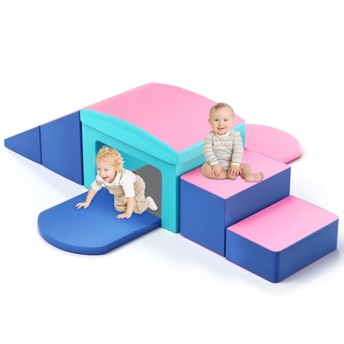 Indoor Soft Foam Climber Play Sets, 6 Pcs Crawl and Climb Foam Play Set for Toddlers 1-3, Toddler Climbing Toys Indoor with Slide Stairs and Ramp Indoor Climbing Toys (Pink) - color: Pink Blue
