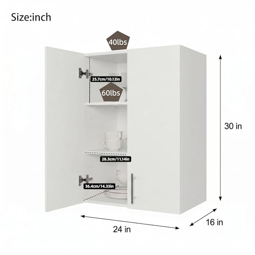 24 x 33 Inch Wall Cabinet Set of 2, Kitchen Wall Mounted Wooden Storage Cabinet, Double Door Cabinet with Soft Close, Metal Handle, Adjustable Shelf for Kitchen Laundry Bathroom Garage, White - color: White