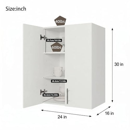 24 x 33 Inch Wall Cabinet Set of 2, Kitchen Wall Mounted Wooden Storage Cabinet, Double Door Cabinet with Soft Close, Metal Handle, Adjustable Shelf for Kitchen Laundry Bathroom Garage, White - color: White