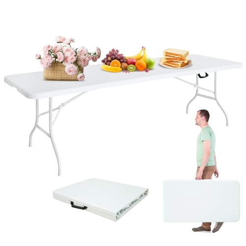 Portable 8Ft Folding Table, Heavy Duty Plastic Fold-in-Half Utility Foldable Dining Table, Multi-Purpose Plastic Folding Table with Carrying Handle for Camping and Party Indoor/Outdoor (White) - color: White, size: 8Ft