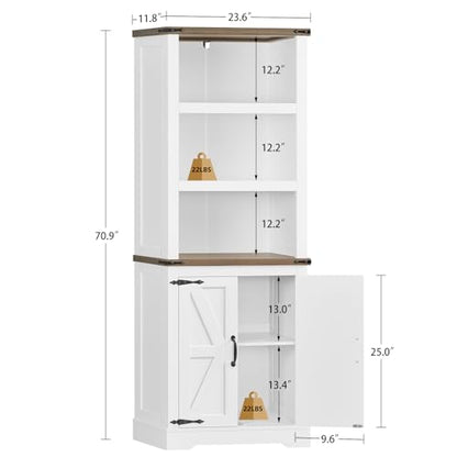 TEENFON 70.9in Tall Storage Cabinet with Adjustable Shelves, Kitchen Pantry Cabinet with 2 Barn Doors, 5 Tiers Farmhouse Bookcase for Living Room, Kitchen, Home Office, Bedroom, White - color: White-01
