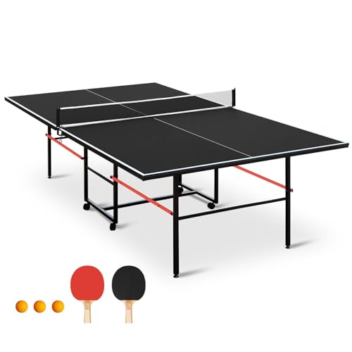 IUNNDS Portable Table Tennis Table 6/8/8.5/9FT Foldable Ping Pong Game Set for Indoor with Net and Post Set, 2 Paddles and 3 Balls - color: Black-9FT