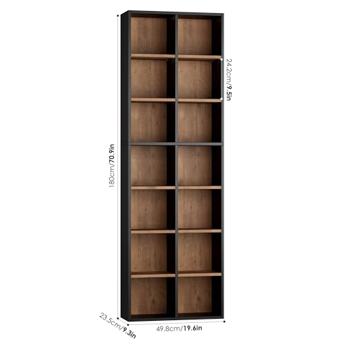 FOTOSOK 71'' Tall Bookshelf with 14 Cubes, 7 Tier Double Wide Wood Bookshelf with 6 Adjustable Shelves, 19.6" Narrow Bookcase DVD/CD Media Storage, Space Saving Display Shelf Cabinet, Black/Brown - color: Black/Brown