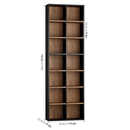 FOTOSOK 71'' Tall Bookshelf with 14 Cubes, 7 Tier Double Wide Wood Bookshelf with 6 Adjustable Shelves, 19.6" Narrow Bookcase DVD/CD Media Storage, Space Saving Display Shelf Cabinet, Black/Brown - color: Black/Brown