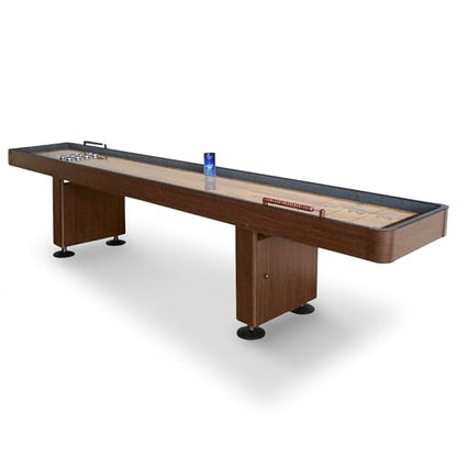 Hathaway Challenger Shuffleboard Table for Family Arcade Game Room - with Poly-Coated Playfield, Built-in Scorer & Cabinet, Climate Adjusters, Leg Levelers, 8 Pucks, Brush & Wax - Walnut Finish - size: 12-foot