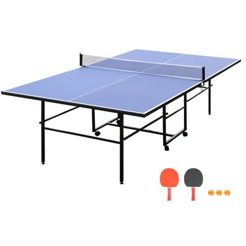 Foldable Indoor Table Tennis Table, 9x5 Regulation Size Ping Pong Table with Net, 2 Paddles and 3 Balls, 12mm MDF Top, Portable Recreational Ping Pong Table with Playback Mode and Wheels - color: Blue