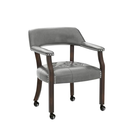 Set of 4 Dining Leather Chairs with Casters & Arms, Accent Captain Chair with Wheels, Roller Wood Wheeled Chairs for Kitchen & Game Poker Table,Espresso&Charcoal Gray 1910DG(NO Table!) - color: Espresso&charcoal Gray