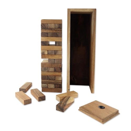 NOVICA Brown Hand Made Rain Tree Wood Stacking Tower Game With Box, 'Fun'