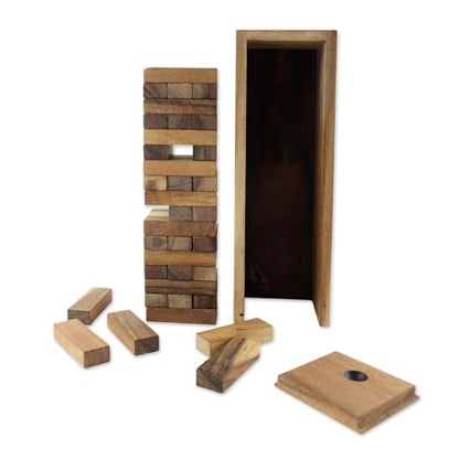 NOVICA Brown Hand Made Rain Tree Wood Stacking Tower Game With Box, 'Fun'