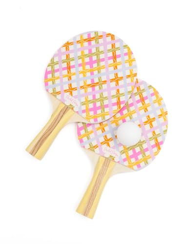 Packed Party Game Set Match Table Tennis Set – 2 Multicolor Plaid Wooden Paddles, 3 Balls, and Retractable Net for Any Table, 6-Piece Complete Set