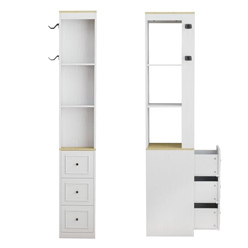 73" Tall Slim Storage Cabinet with 3 Drawers and 2 Hooks, 3-Tier Media Storage Tower for CDs DVDs Game Consoles, Narrow Bookcase Display Shelf for Living Room Bedroom Entryway, Antique White