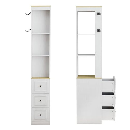 73" Tall Slim Storage Cabinet with 3 Drawers and 2 Hooks, 3-Tier Media Storage Tower for CDs DVDs Game Consoles, Narrow Bookcase Display Shelf for Living Room Bedroom Entryway, Antique White