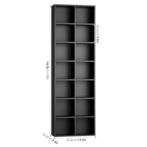 FOTOSOK 71'' Tall Bookshelf with 14 Cubes, 7 Tier Double Wide Black Bookshelf with 6 Adjustable Shelves, 19.6" Narrow Bookcase DVD/CD Media Storage, Space Saving Display Shelf Cabinet, Black - color: Black