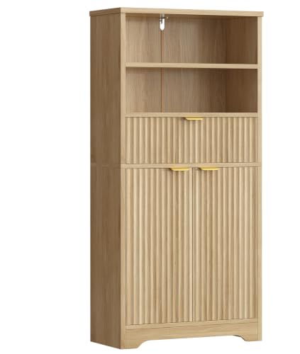TEENFON Tall Storage Cabinet with Adjustable Shelf & Drawer, Fluted Cabinet with Doors, Kitchen Pantry Cabinets, Bathroom Storage Cabinets, for Living Room, Entryway, Home Office, Natural - color: Natural, 2 Doors