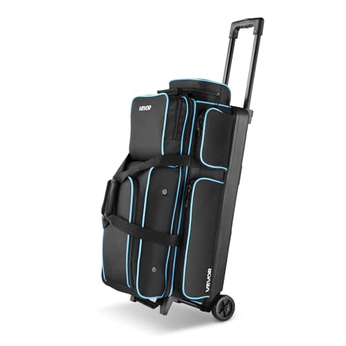 VEVOR Bowling Ball Bag, 3 Ball Double Roller Bowling Bag with Wheels, Featuring a Separate Compartment for Shoes (Up To US Size 16) & Oversized Accessory Pocket, Retractable Handle Extends to 41.34 in - style: Black-blue