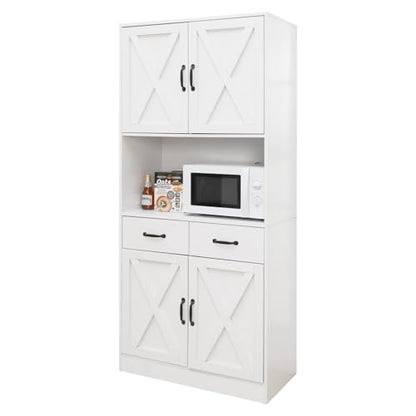 71" Tall Kitchen Pantry Cabinet，Farmhouse Storage Cabinet with Barn Doors and Adjustable Shelves, Heavy Duty White Microwave Cabinet with Drawers for Dining Room, Living Room - color: White, style: Pantry Cabinet